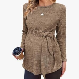 Women’s Ribbed Tie-Waist Tunic Top — Brown